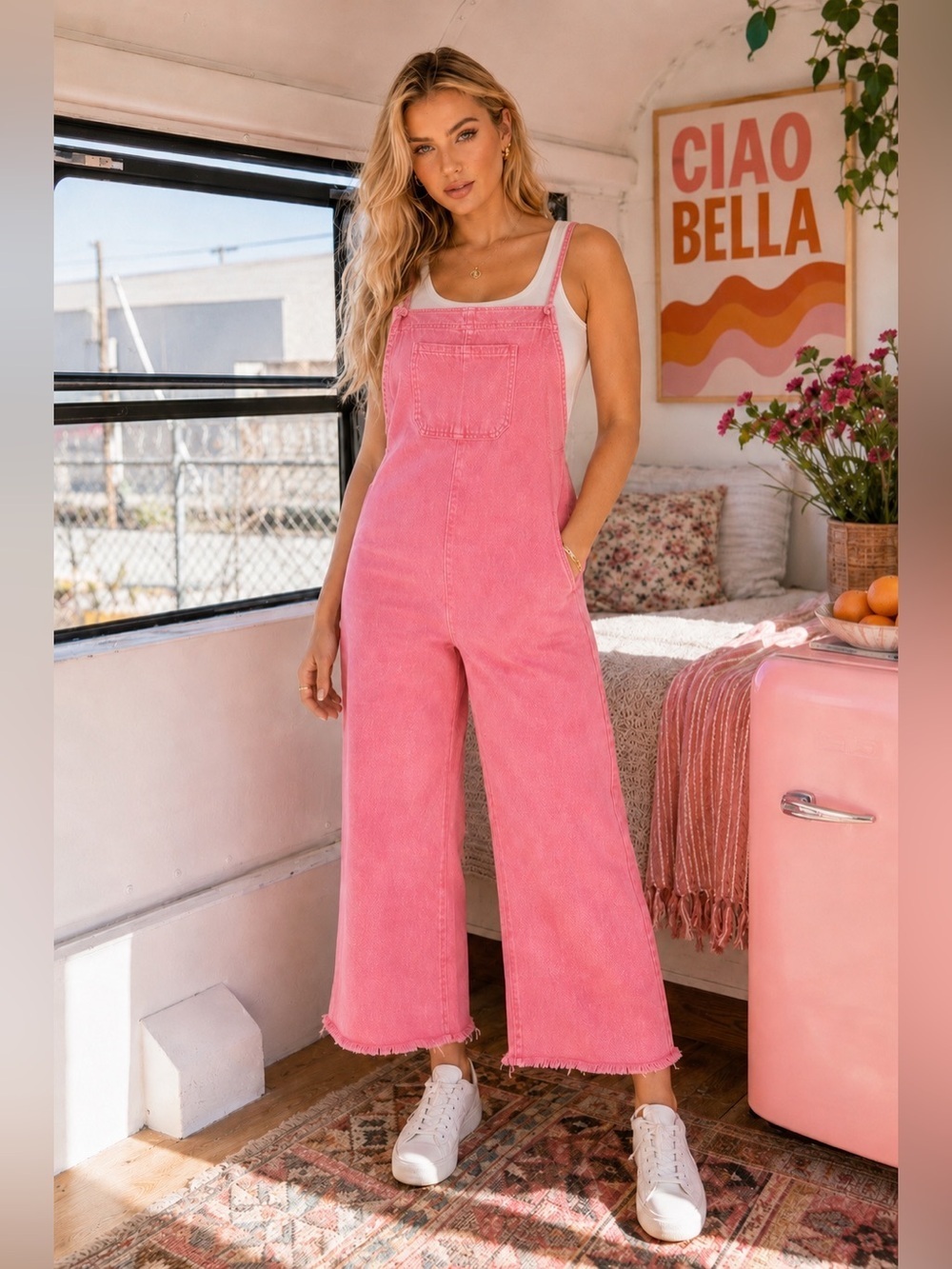Just A Normal Girl Washed Denim Jumpsuit in Pink
